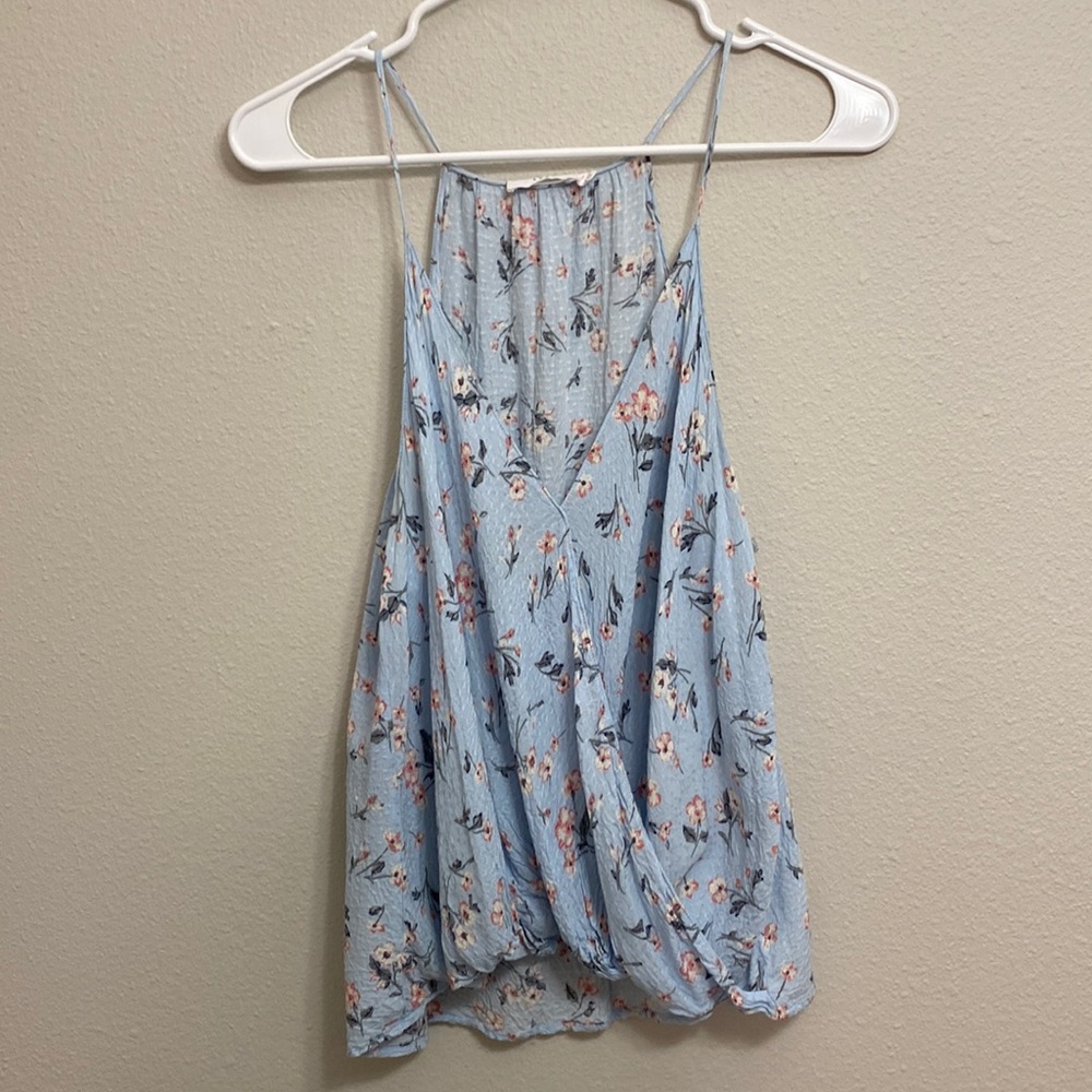 LUSH Cross Front Light Blue Floral Blouse Size L